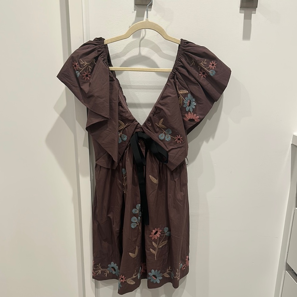 Brown Flutter Sleeve V-Neck Midi Dress for Wedding Guest